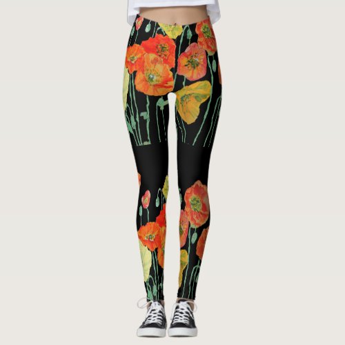 Orange  Black Poppy Poppies Floral Art Leggings