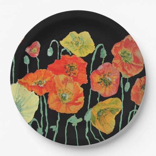 Orange Black Poppy Poppies Flower Floral Pattern Paper Plates
