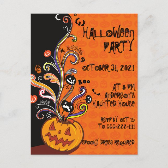 Orange Black Pumpkin Halloween Party Invitation Postcard (Front)