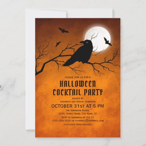 Orange Black Raven Bats Full Moon Halloween Invitation