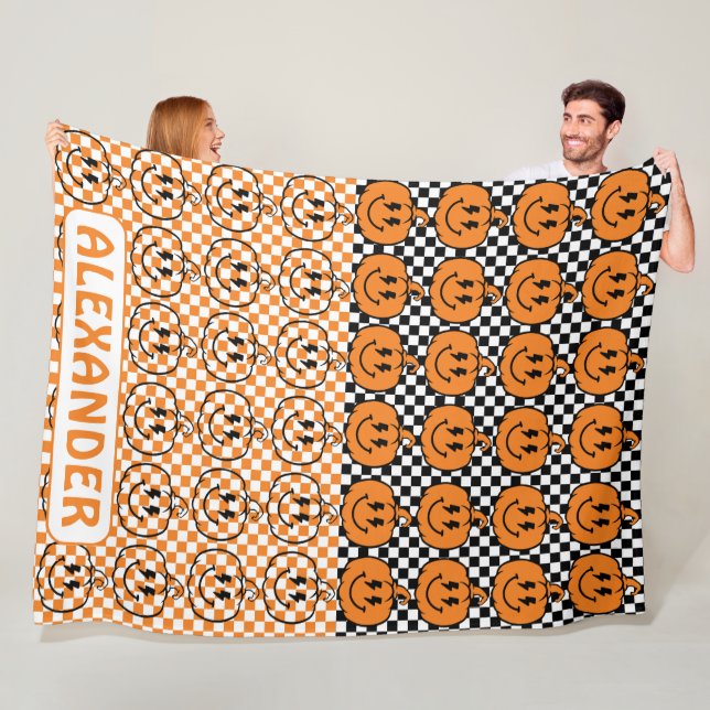 Orange Black Retro Rad Pumpkin Checkered Halloween Fleece Blanket (In Situ)