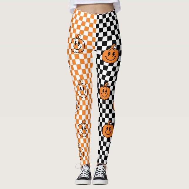 Orange Black Retro Rad Pumpkin Checkered Halloween Leggings (Front)