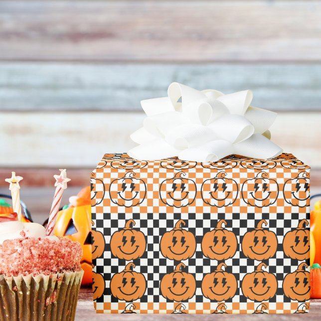 Orange Black Retro Rad Pumpkin Checkered Halloween Wrapping Paper (Creator Uploaded)