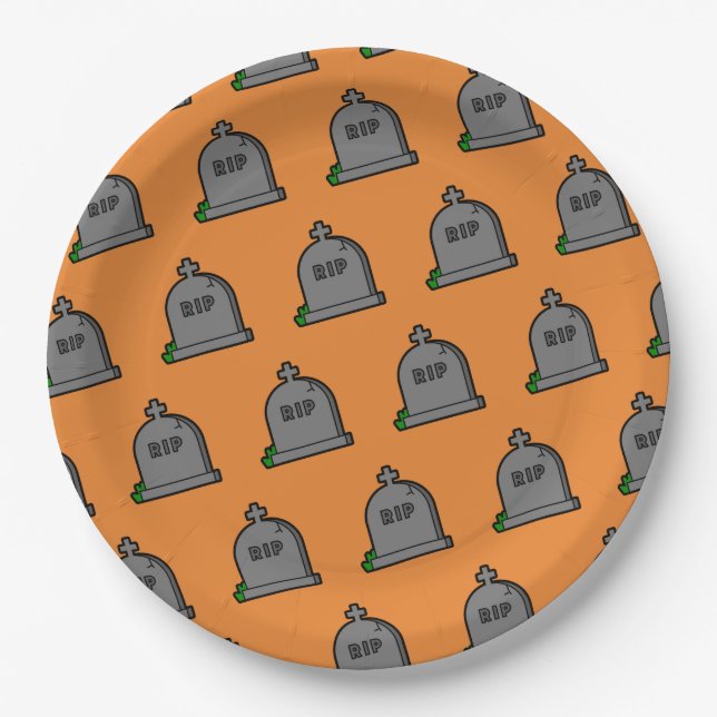 Orange Black RIP Pattern Halloween Party Paper Plates (Front)
