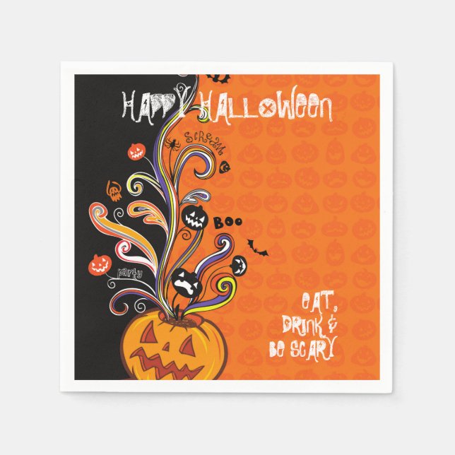 Orange Black Scary Pumpkin Halloween Party  Napkins (Front)