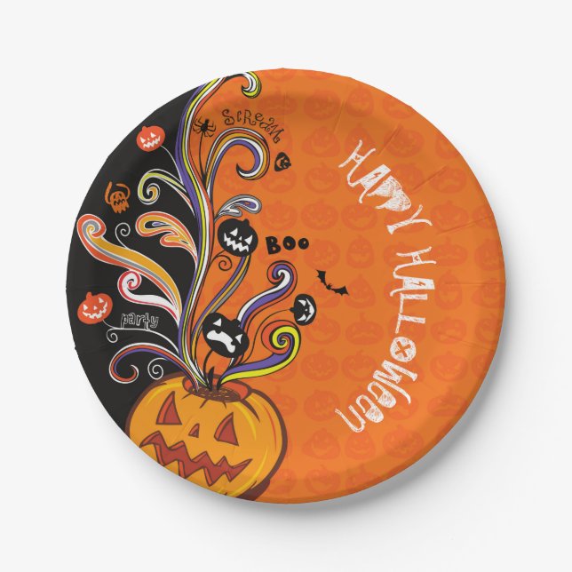 Orange Black Scary Pumpkin Halloween Party Paper Plates (Front)