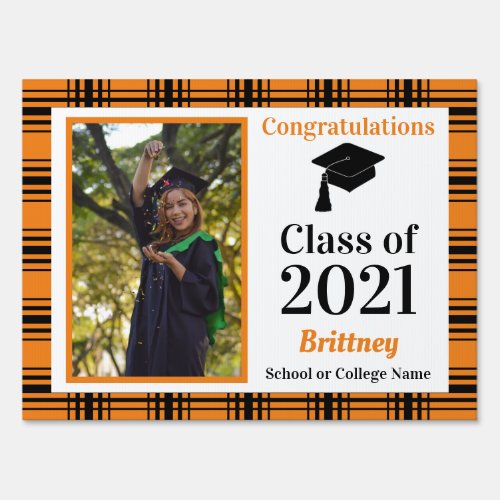 Orange Black School Colors Plaid Graduation Sign