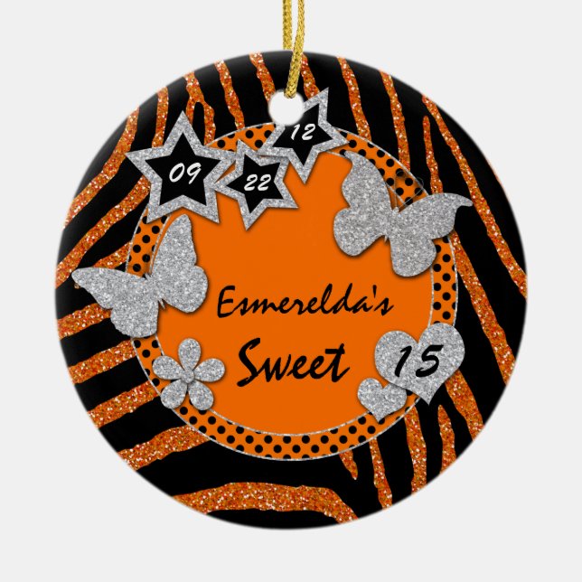 Orange Black Silver Zebra Sweet 15 Photo Ornament (Front)