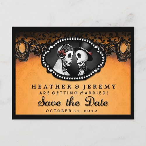 Orange Black Skeleton  Halloween Date PostCard