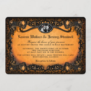 Orange Black Skeletons Halloween Wedding RECEPTION Invitation