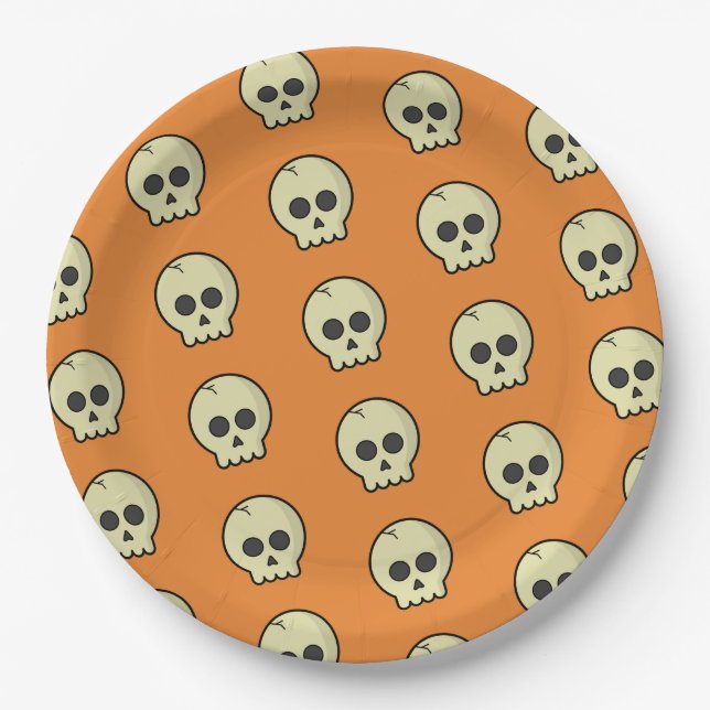 Orange Black Skull Pattern Halloween Party Paper Plates (Front)