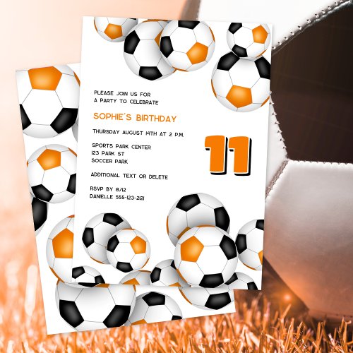 orange black soccer balls cluster birthday party announcement