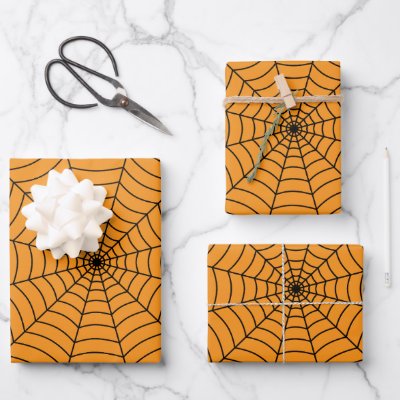 Orange Black spider web Halloween pattern Wrapping Paper Sheets