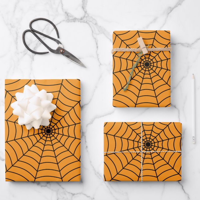 Orange Black spider web Halloween pattern Wrapping Paper Sheets (Front)