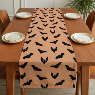 Orange Black Spooky Bats Vintage Halloween Decor Short Table Runner