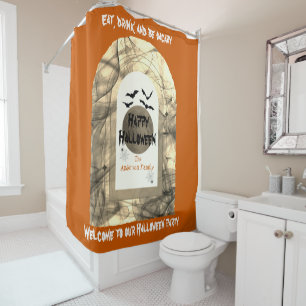 Orange Black Spooky Full Moon Bats Happy Halloween Shower Curtain