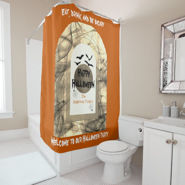 Orange Black Spooky Full Moon Bats Happy Halloween Shower Curtain (In Situ)