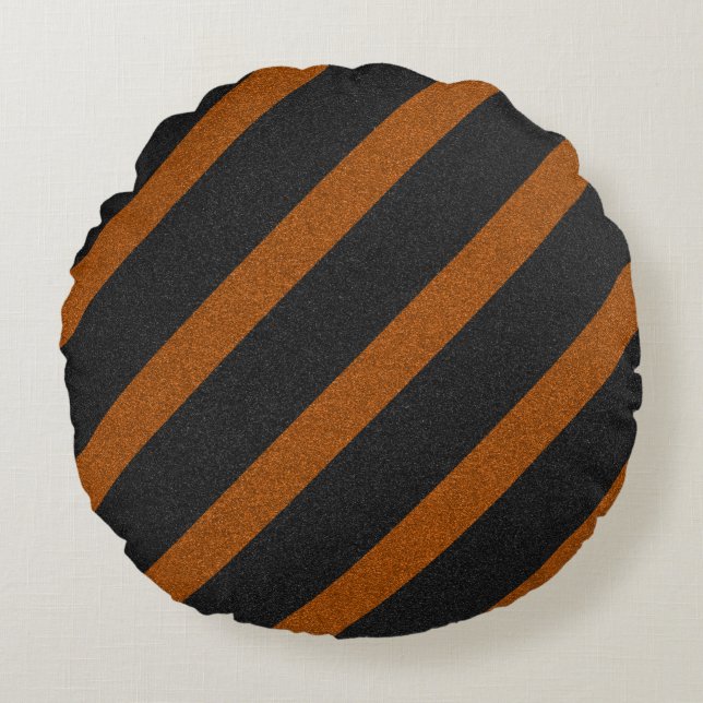 Orange & Black Stripes Glitter Round Pillow (Front)