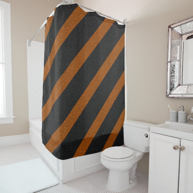 Orange & Black Stripes Glitter Shower Curtain (In Situ)