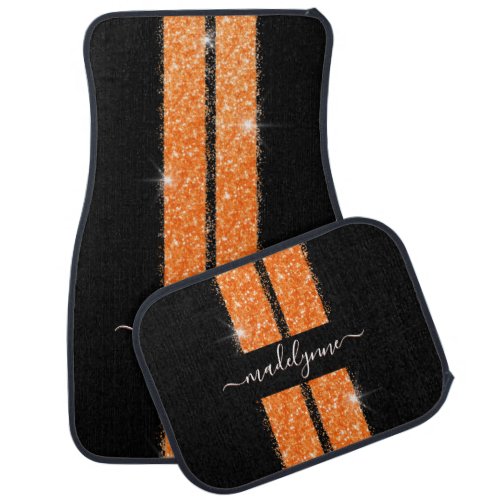 Orange Black Stripes Personalized Script Name Car Floor Mat