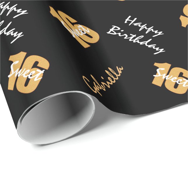 Orange Black Sweet 16 Personalized Wrapping Paper (Roll Corner)