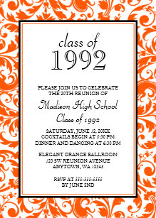 Cl Reunion Invitations Zazzle Orange Black Swirl Damask Cl Reunion Invitation