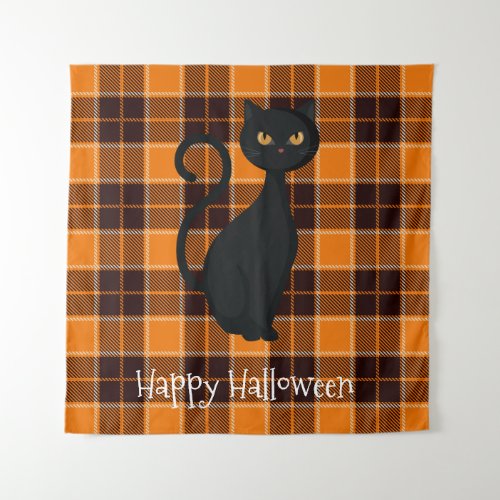 Orange Black Tartan Plaid Black Cat Halloween Tapestry