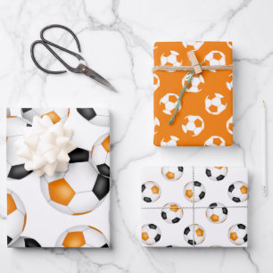 orange black team colors soccer 3 pc variety wrapping paper sheets