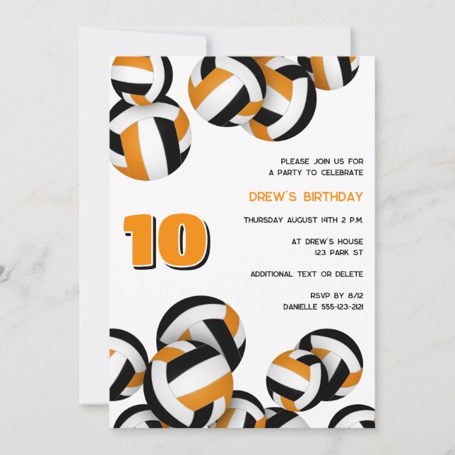 orange black team colors volleyball birthday party invitation (Front)