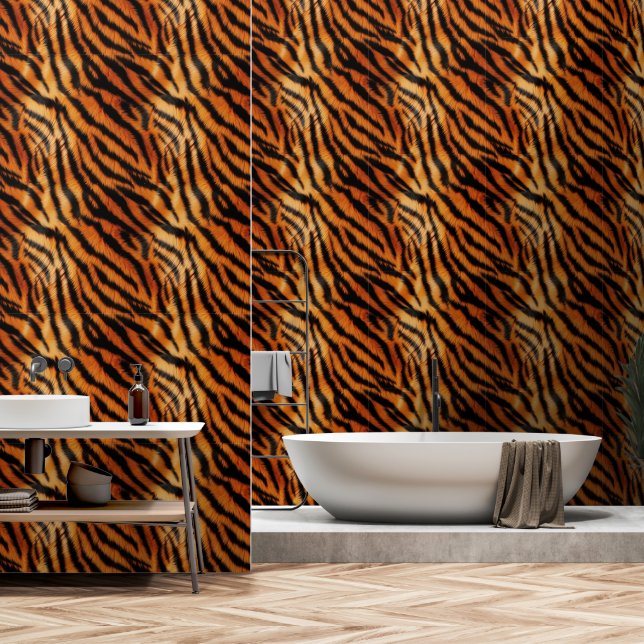 Orange Black Tiger Animal Faux Fur (image of fur) Wallpaper (Bathroom)