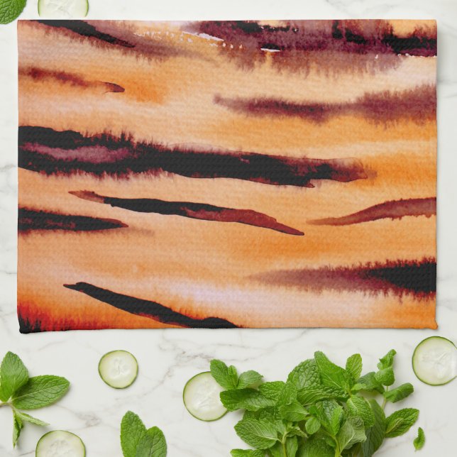 Orange Black Tiger Animal Print Kitchen Towel (Folded)