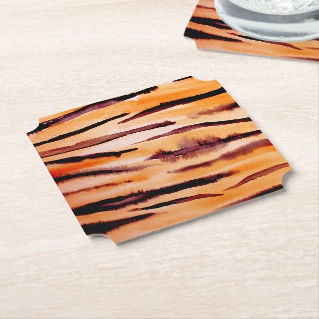 Orange Black Tiger Animal Print Paper Coaster (Angled)