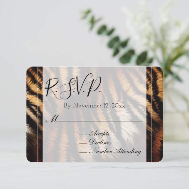 Orange Black Tiger Stripes Animal Wedding RSVP Enclosure Card (Standing Front)