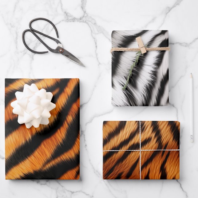 Orange Black Tiger Stripes  Wrapping Paper Sheets (Front)