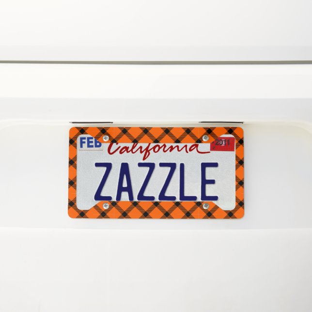 Orange Black Traditional Tartan Pattern Plaid License Plate Frame (On Car)