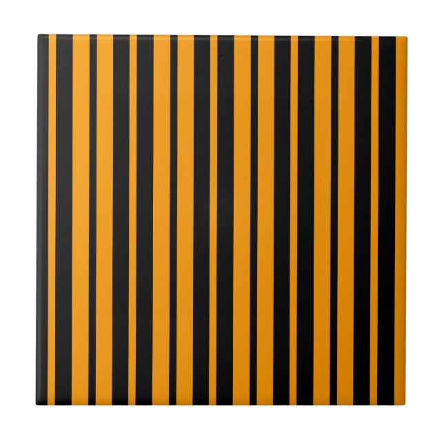 Orange Black Vertical Stripes Pattern Design Ceramic Tile (Front)