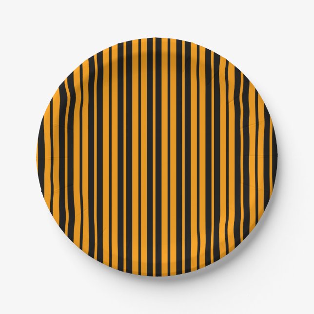 Orange Black Vertical Stripes Pattern Design Paper Plates (Front)
