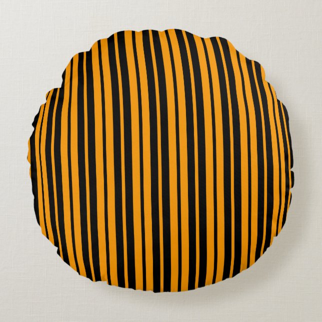 Orange Black Vertical Stripes Pattern Design Round Pillow (Front)