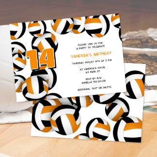 orange black volleyball girls boys birthday party invitation