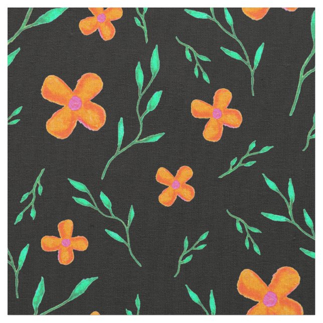 Orange Black Watercolor Flower Floral Pattern Fabric (Close Up)