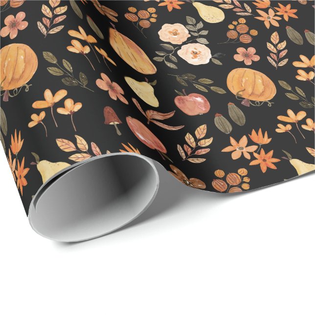 Orange & Black Watercolor Pumpkin Autumn Pattern Wrapping Paper (Roll Corner)