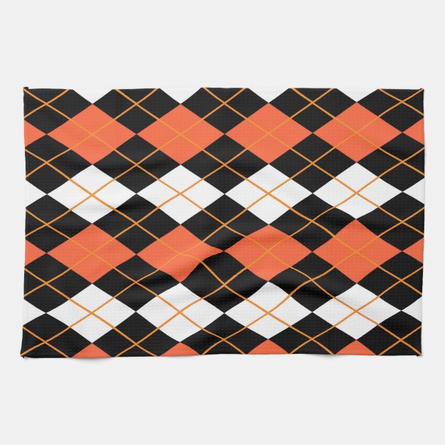 Orange Black White Argyle Diamond Design  Kitchen Towel (Horizontal)