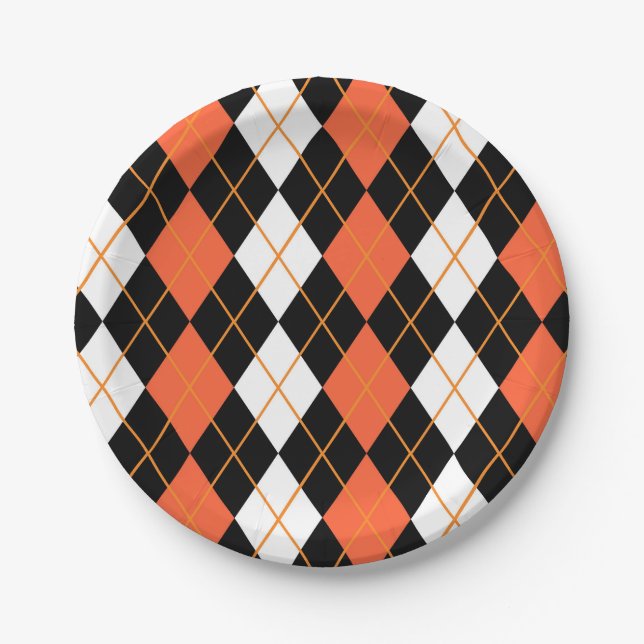 Orange Black White Argyle Diamond Design  Paper Plates (Front)