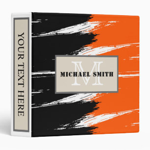 Orange Black White Brush Stroke Monogram 3 Ring Binder