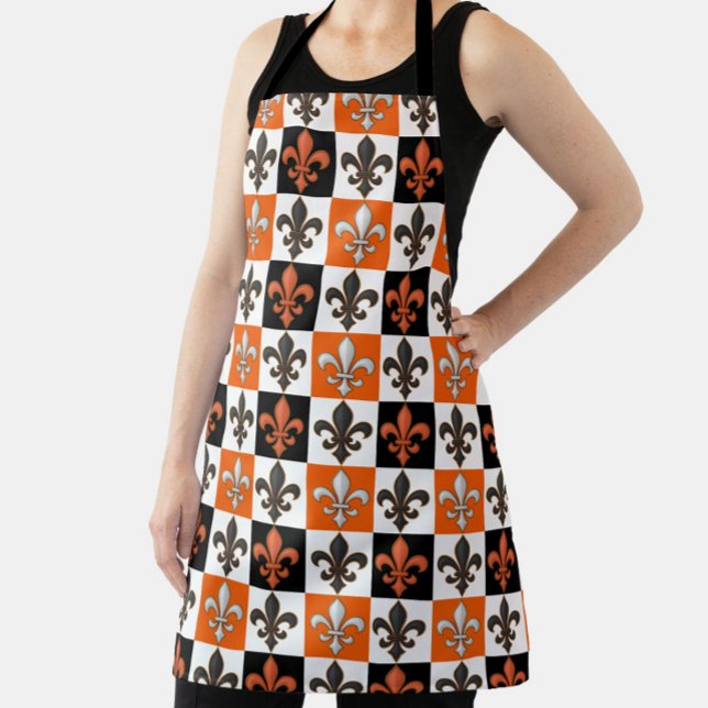 Orange Black White Checkered Fleur-de-lis Design  Apron (Creator Uploaded)
