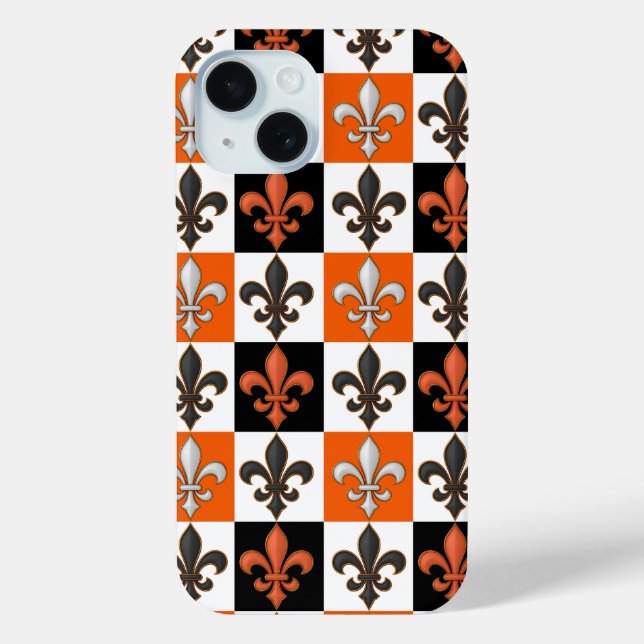 Orange Black White Checkered Fleur-de-lis Design  Case-Mate iPhone Case (Back)