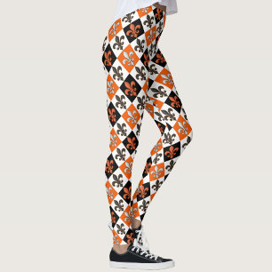 Orange Black White Checkered Fleur-de-lis Design Leggings
