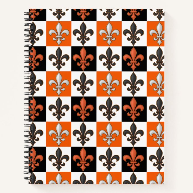 Orange Black White Checkered Fleur-de-lis Design  Notebook (Front)