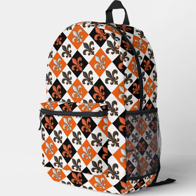 Orange Black White Checkered Fleur-de-lis Design  Printed Backpack (Creator Uploaded)