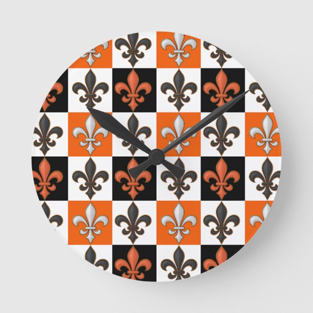 Orange Black White Checkered Fleur-de-lis Design  Round Clock (Front)